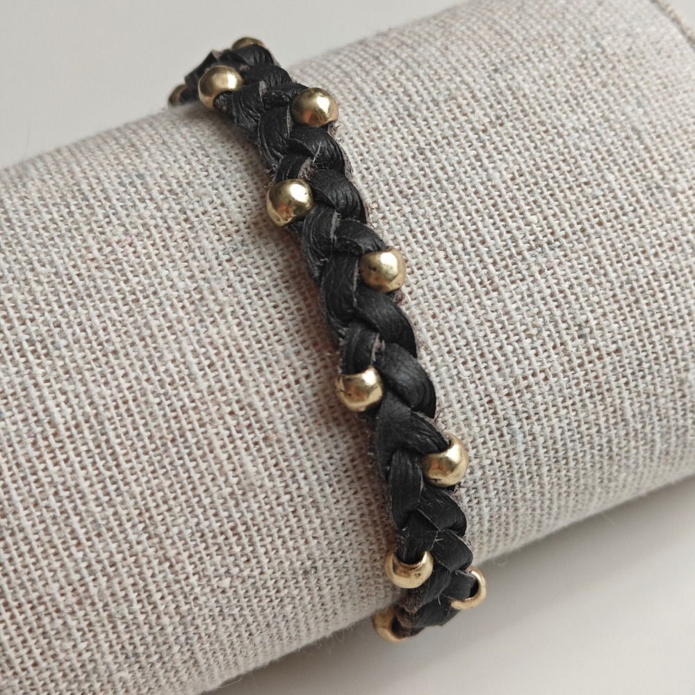 Lucky Brand Braided Leather Charm Bracelet Gold Beads Tigers Eye NEW Boho Earthy